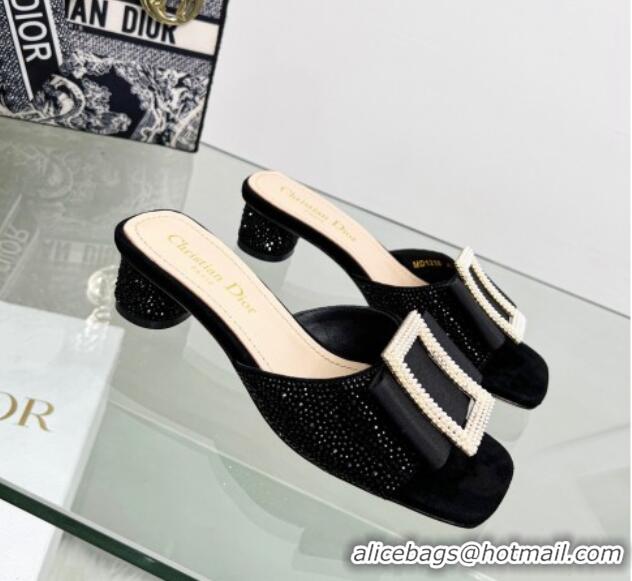 Low Cost Dior Idylle Heeled Slide Sandals 3.5cm in Black Suede Covered with Crystal with Pearl Bow Black 2122336