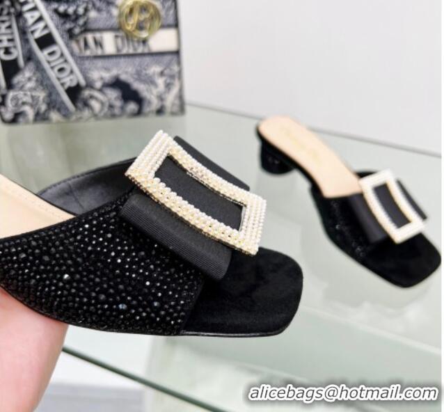 Low Cost Dior Idylle Heeled Slide Sandals 3.5cm in Black Suede Covered with Crystal with Pearl Bow Black 2122336