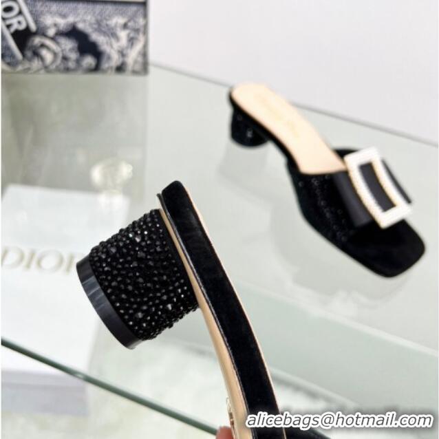 Low Cost Dior Idylle Heeled Slide Sandals 3.5cm in Black Suede Covered with Crystal with Pearl Bow Black 2122336