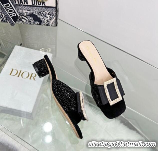 Low Cost Dior Idylle Heeled Slide Sandals 3.5cm in Black Suede Covered with Crystal with Pearl Bow Black 2122336