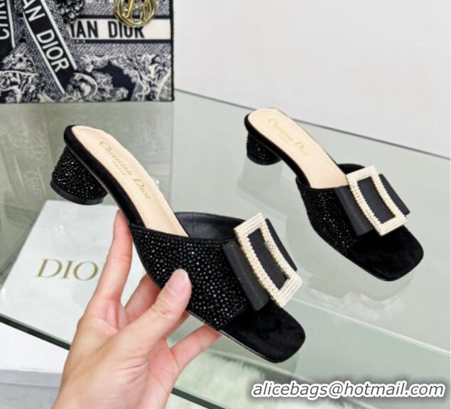 Low Cost Dior Idylle Heeled Slide Sandals 3.5cm in Black Suede Covered with Crystal with Pearl Bow Black 2122336