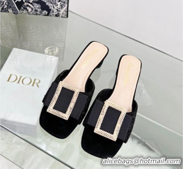 Low Cost Dior Idylle Heeled Slide Sandals 3.5cm in Black Suede Covered with Crystal with Pearl Bow Black 2122336