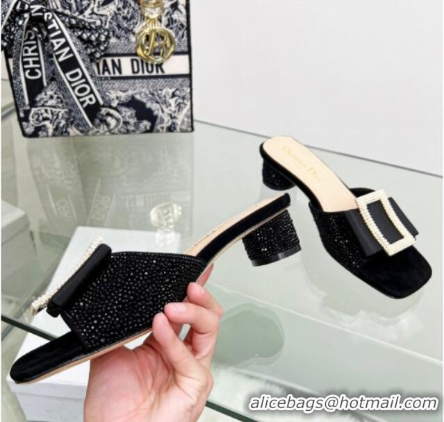 Low Cost Dior Idylle Heeled Slide Sandals 3.5cm in Black Suede Covered with Crystal with Pearl Bow Black 2122336