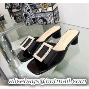 Pretty Style Dior Idylle Heeled Slide Sandals 3.5cm in Black Patent Leather with Grosgrain Bow 2122337