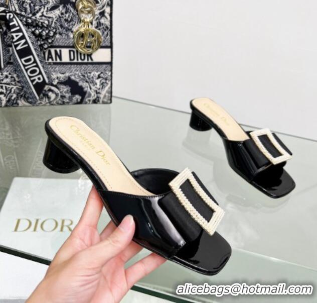 Pretty Style Dior Idylle Heeled Slide Sandals 3.5cm in Black Patent Leather with Grosgrain Bow 2122337