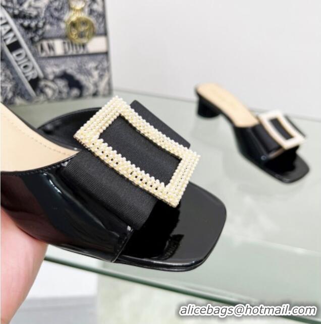 Pretty Style Dior Idylle Heeled Slide Sandals 3.5cm in Black Patent Leather with Grosgrain Bow 2122337