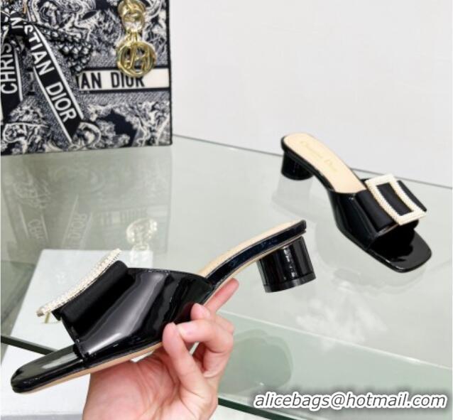 Pretty Style Dior Idylle Heeled Slide Sandals 3.5cm in Black Patent Leather with Grosgrain Bow 2122337