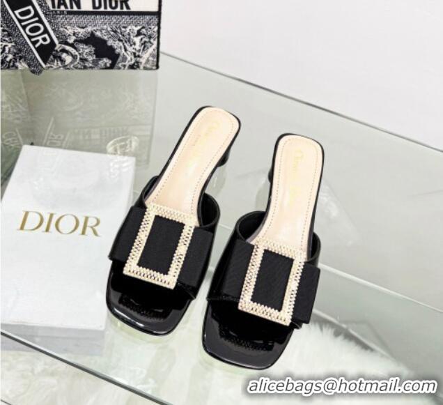 Pretty Style Dior Idylle Heeled Slide Sandals 3.5cm in Black Patent Leather with Grosgrain Bow 2122337