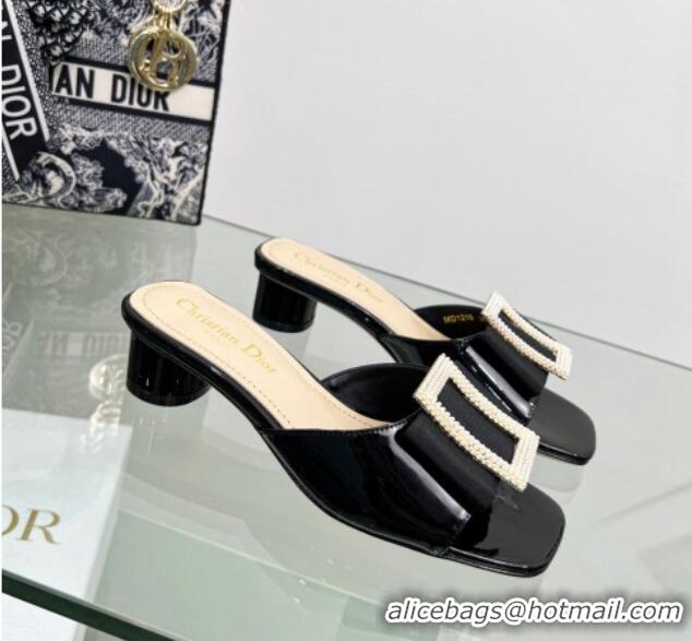 Pretty Style Dior Idylle Heeled Slide Sandals 3.5cm in Black Patent Leather with Grosgrain Bow 2122337