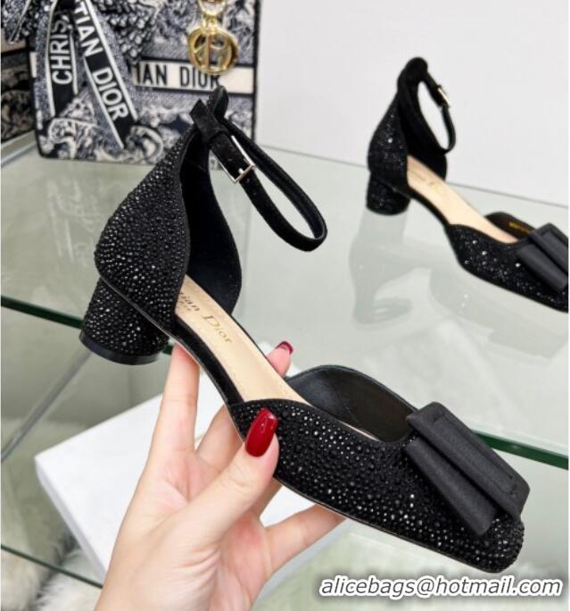 Discount Dior Idylle Ballet Pumps 3.5cm in Black Suede Covered with Crystal with Grosgrain Bow 2122338