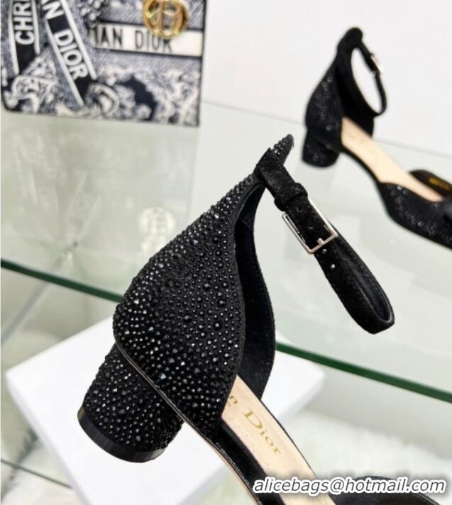 Discount Dior Idylle Ballet Pumps 3.5cm in Black Suede Covered with Crystal with Grosgrain Bow 2122338