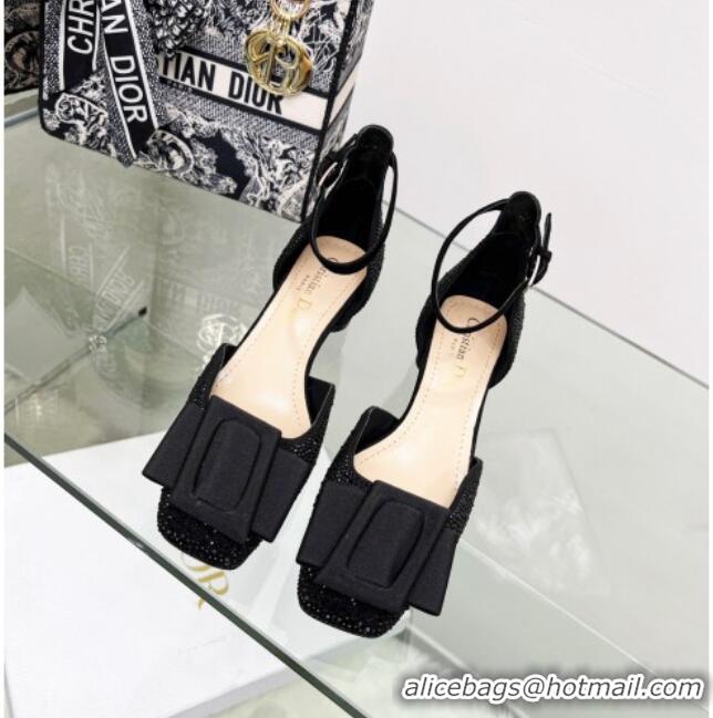 Discount Dior Idylle Ballet Pumps 3.5cm in Black Suede Covered with Crystal with Grosgrain Bow 2122338