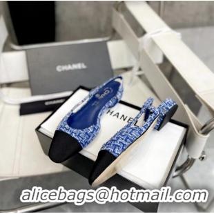 ​Top Grade Chanel Slingback Tweed Sandals CH8915 Blue/Black