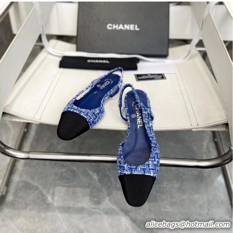 ​Top Grade Chanel Slingback Tweed Sandals CH8915 Blue/Black