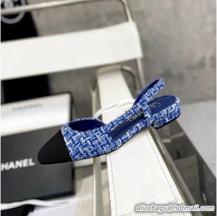 ​Top Grade Chanel Slingback Tweed Sandals CH8915 Blue/Black