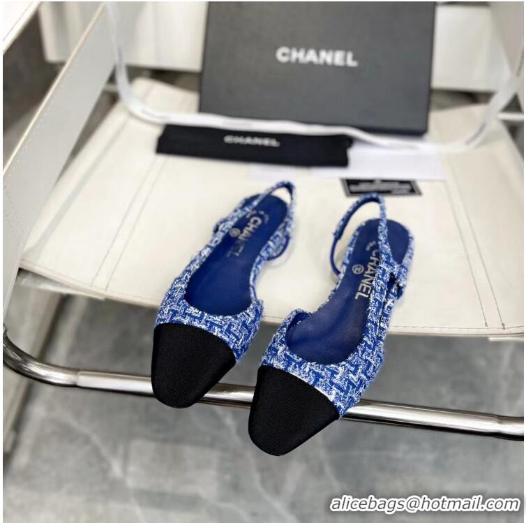 ​Top Grade Chanel Slingback Tweed Sandals CH8915 Blue/Black