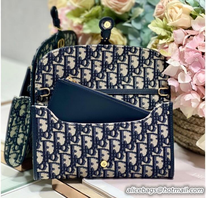 Low Price DIOR BOBBY EAST-WEST POUCH WITH CHAIN Blue Dior Oblique Jacquard S5703UT