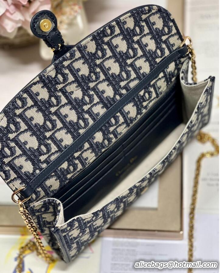 Low Price DIOR BOBBY EAST-WEST POUCH WITH CHAIN Blue Dior Oblique Jacquard S5703UT