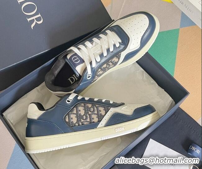 Grade Quality Dior B27 Low-Top Sneakers in Calfskin and Oblique Canvas Navy Blue/White 122690