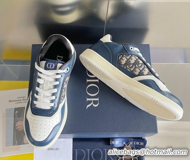 Grade Quality Dior B27 Low-Top Sneakers in Calfskin and Oblique Canvas Navy Blue/White 122690