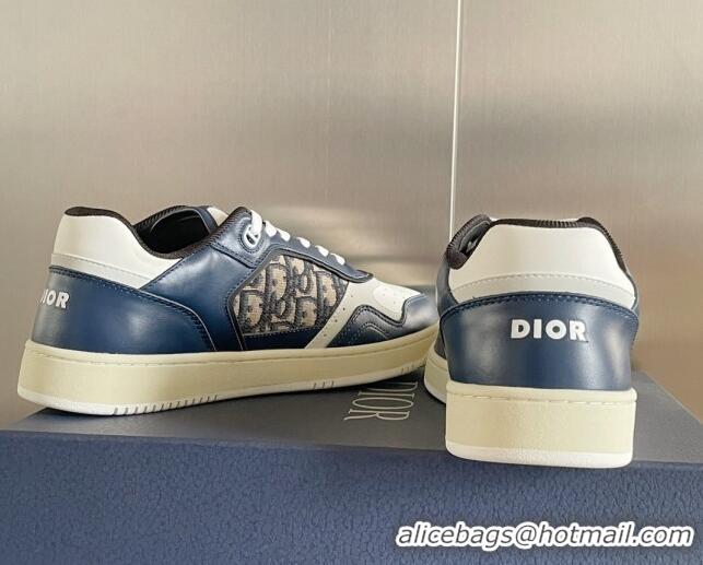 Grade Quality Dior B27 Low-Top Sneakers in Calfskin and Oblique Canvas Navy Blue/White 122690