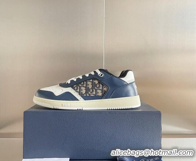 Grade Quality Dior B27 Low-Top Sneakers in Calfskin and Oblique Canvas Navy Blue/White 122690