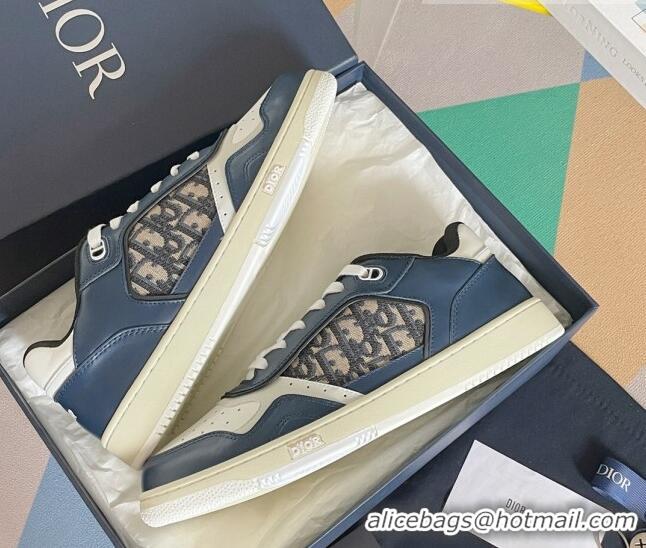 Grade Quality Dior B27 Low-Top Sneakers in Calfskin and Oblique Canvas Navy Blue/White 122690