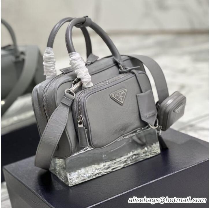 Top Quality Prada Antique nappa leather multi-pocket top-handle bag 1BB099 gray