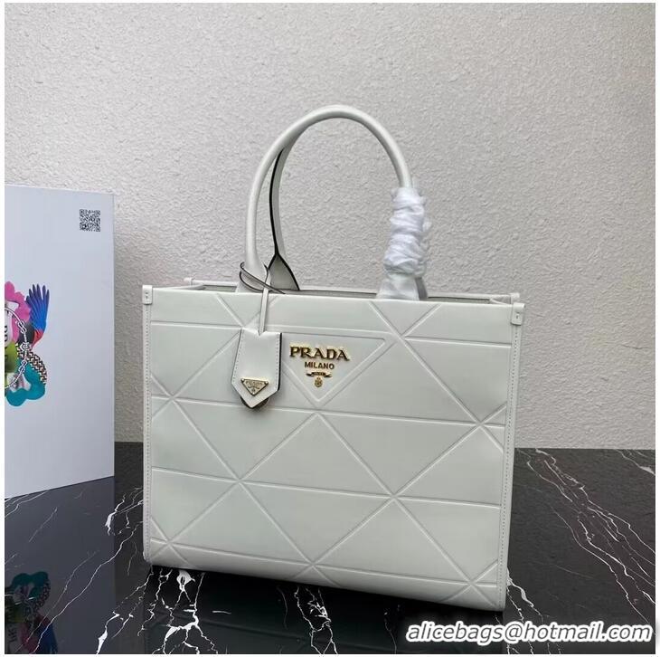 Famous Brand Medium leather Prada Symbole bag with topstitching 1BA378 white