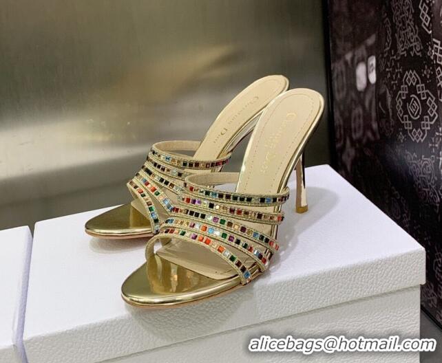 Luxury Dior Gem Heeled Slide Sandals with Square Strass Black/Multicolor 207120