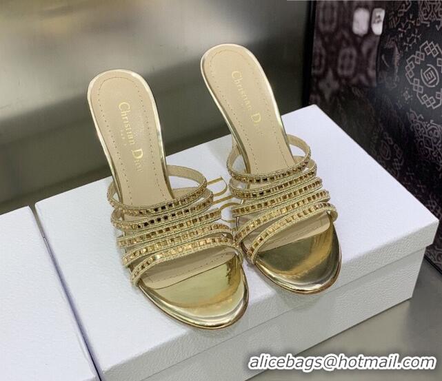 Stylish Dior Gem Heeled Slide Sandals with Square Strass Gold 207121