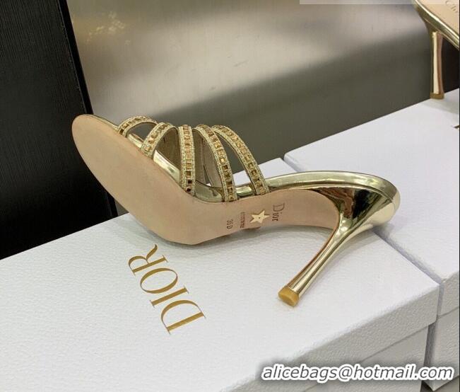 Stylish Dior Gem Heeled Slide Sandals with Square Strass Gold 207121