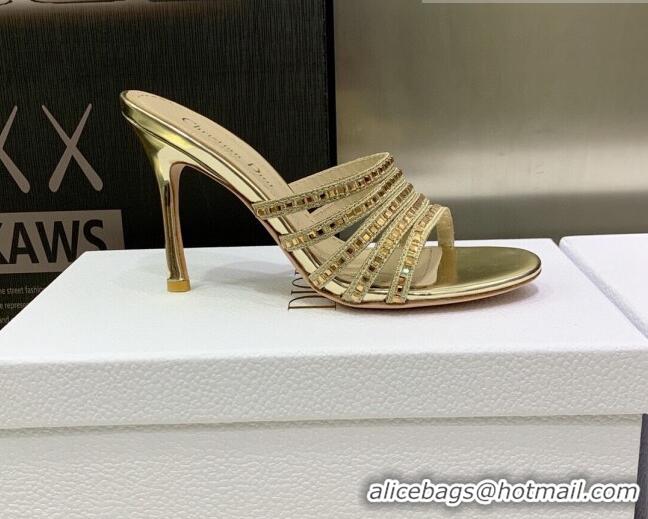 Stylish Dior Gem Heeled Slide Sandals with Square Strass Gold 207121