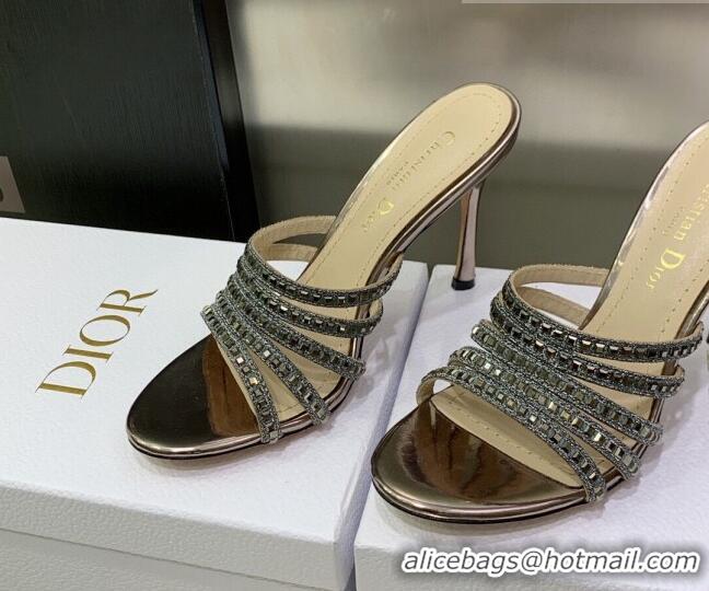 Unique Style Dior Gem Heeled Slide Sandals with Square Strass Bronze/Silver 0207122