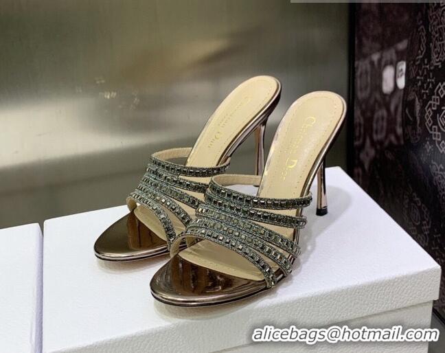 Unique Style Dior Gem Heeled Slide Sandals with Square Strass Bronze/Silver 0207122