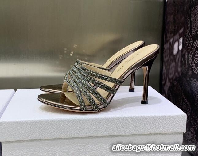 Unique Style Dior Gem Heeled Slide Sandals with Square Strass Bronze/Silver 0207122