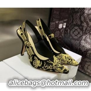 Best Grade Dior J'Adior Slingback Pumps 9.5cm in Embroidered Cotton Black/Gold 0207123