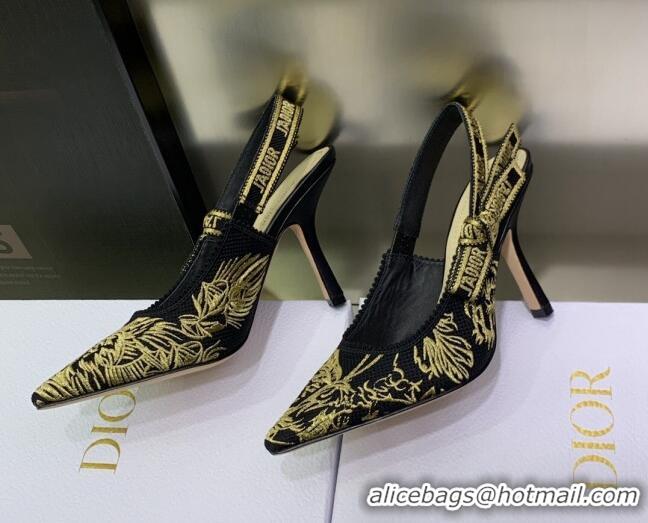 Best Grade Dior J'Adior Slingback Pumps 9.5cm in Embroidered Cotton Black/Gold 0207123