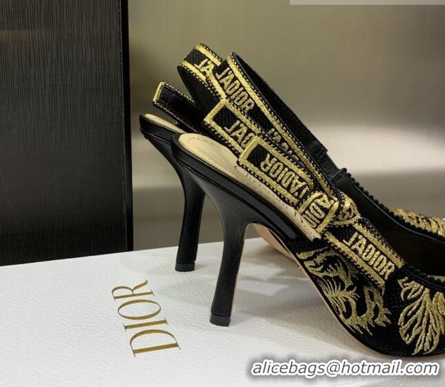 Best Grade Dior J'Adior Slingback Pumps 9.5cm in Embroidered Cotton Black/Gold 0207123