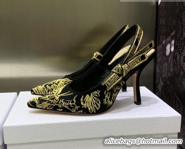 Best Grade Dior J'Adior Slingback Pumps 9.5cm in Embroidered Cotton Black/Gold 0207123