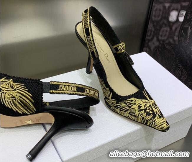 Best Grade Dior J'Adior Slingback Pumps 9.5cm in Embroidered Cotton Black/Gold 0207123