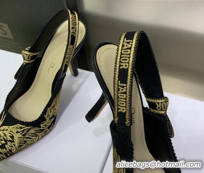 Best Grade Dior J'Adior Slingback Pumps 9.5cm in Embroidered Cotton Black/Gold 0207123