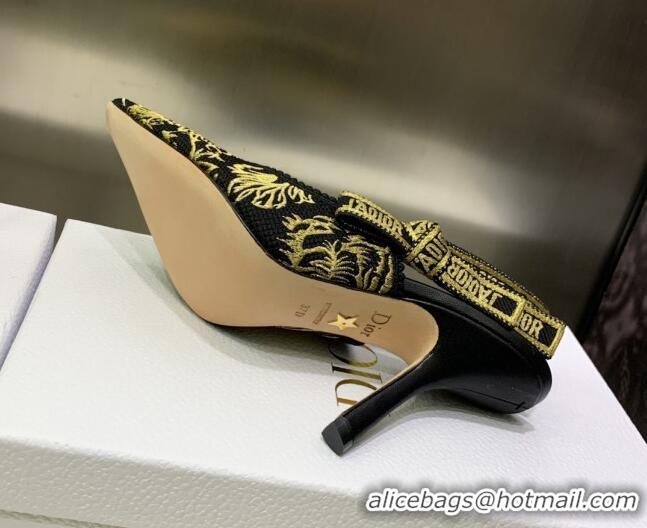 Best Grade Dior J'Adior Slingback Pumps 9.5cm in Embroidered Cotton Black/Gold 0207123