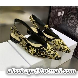 Classic Hot Dior J'Adior Slingback Ballerina Flat in Embroidered Cotton Black/Gold 0207124