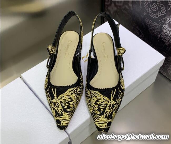 Classic Hot Dior J'Adior Slingback Ballerina Flat in Embroidered Cotton Black/Gold 0207124