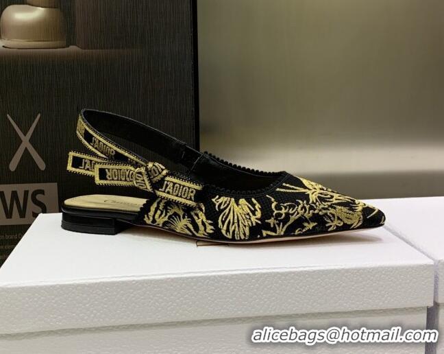 Classic Hot Dior J'Adior Slingback Ballerina Flat in Embroidered Cotton Black/Gold 0207124