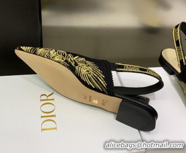 Classic Hot Dior J'Adior Slingback Ballerina Flat in Embroidered Cotton Black/Gold 0207124