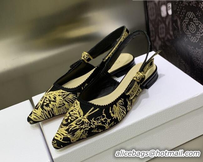 Classic Hot Dior J'Adior Slingback Ballerina Flat in Embroidered Cotton Black/Gold 0207124