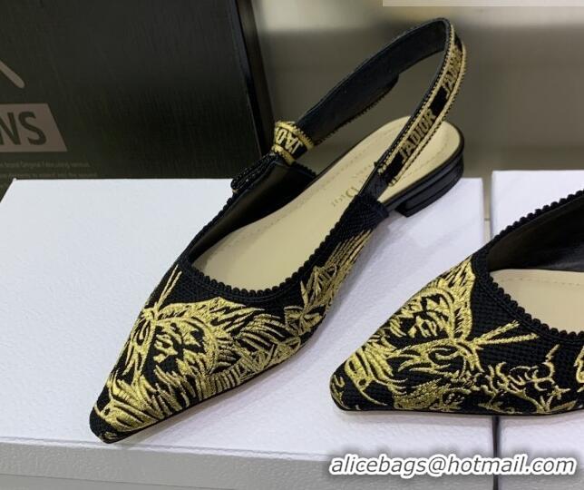 Classic Hot Dior J'Adior Slingback Ballerina Flat in Embroidered Cotton Black/Gold 0207124