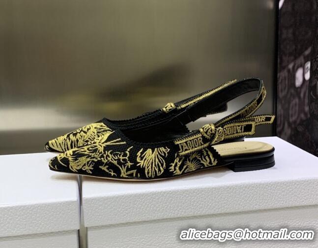 Classic Hot Dior J'Adior Slingback Ballerina Flat in Embroidered Cotton Black/Gold 0207124